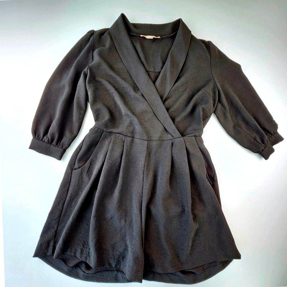 Monteau Los Angeles Black Romper Shawl Collar Wrap 3/4 Sleeve Junior M Goth 90s
